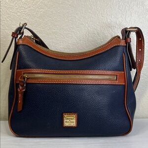 Dooney & Bourke Navy Pebbled Leather Crossbody Bag Tan Trim Gold Hardware